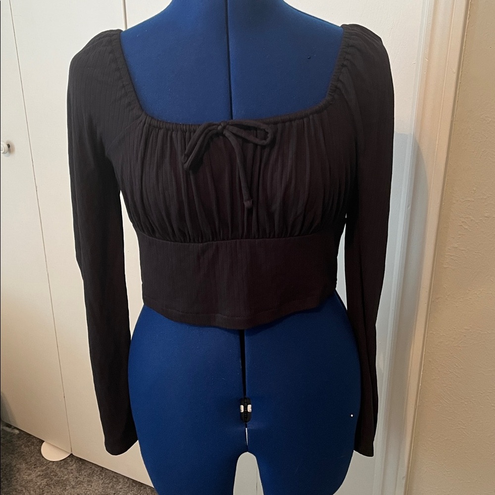 Madewell Burleigh Square Neck Cropped Long Sleeve Black Top - Picture 3 of 10